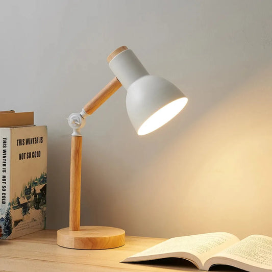 Nordic wood table lamp with rotatable head, detail view