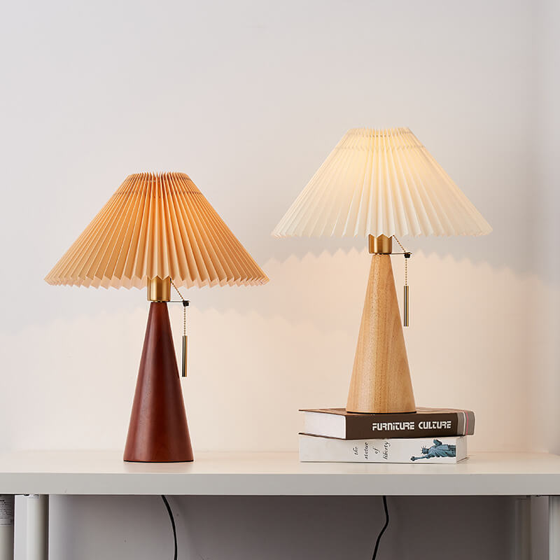 Japandi pleated table lamp with wood base, detail view