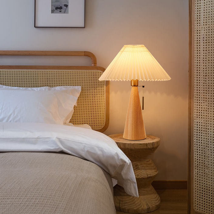 Japandi pleated table lamp with wood base, detail view