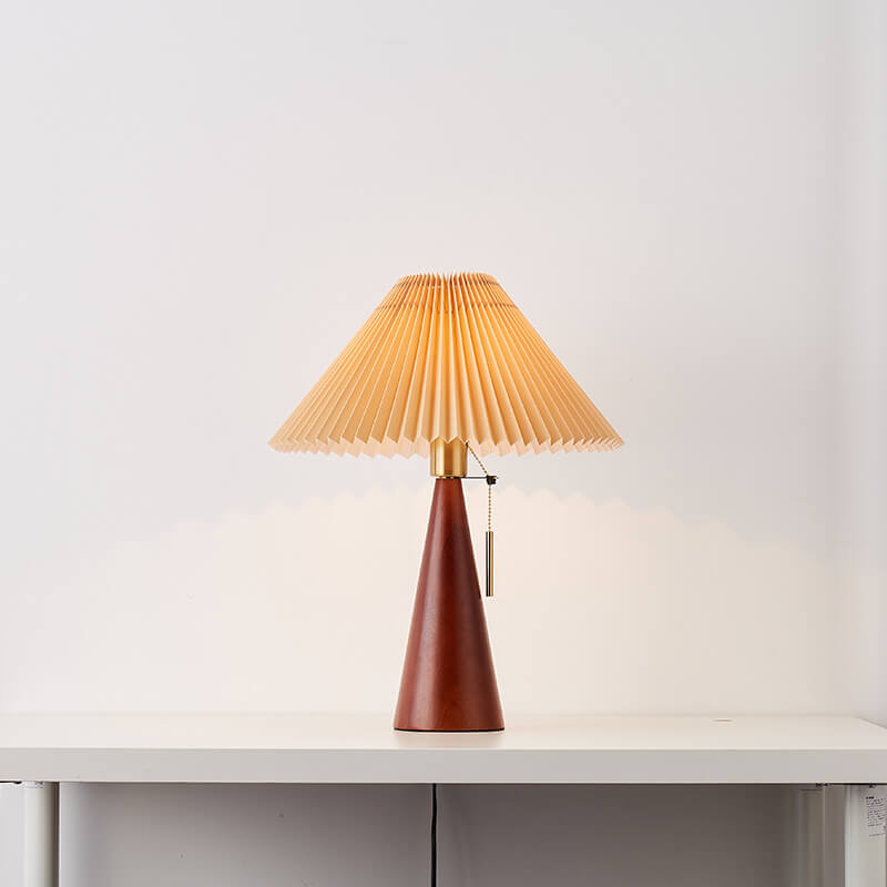 Japandi pleated table lamp with wood base, detail view