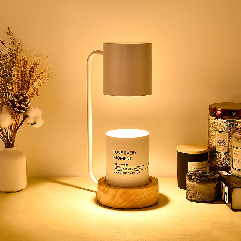 Melting wax table lamp with wooden base, detail view