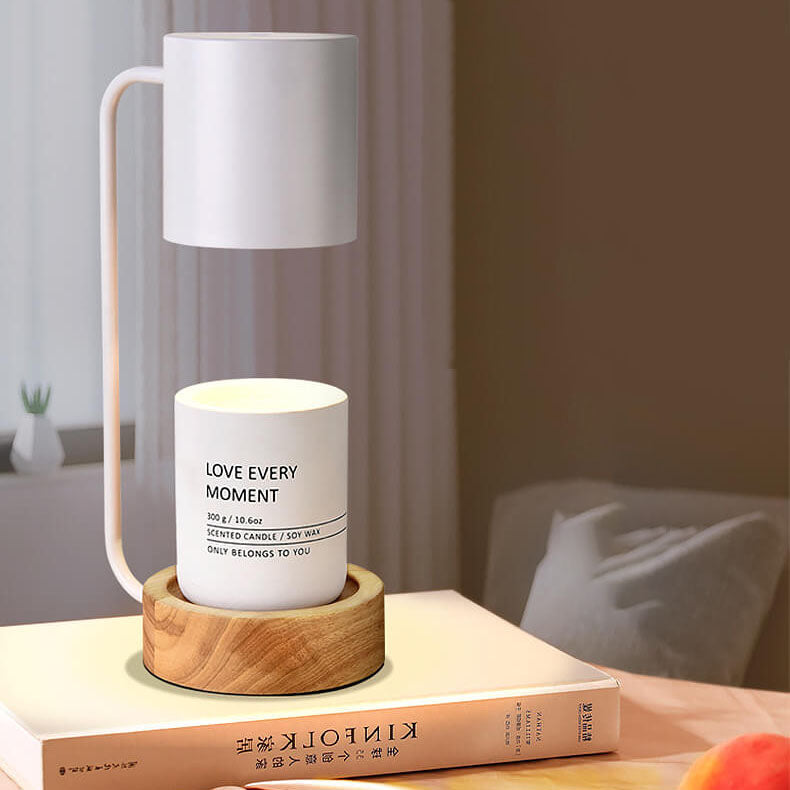Melting wax table lamp with wooden base, detail view