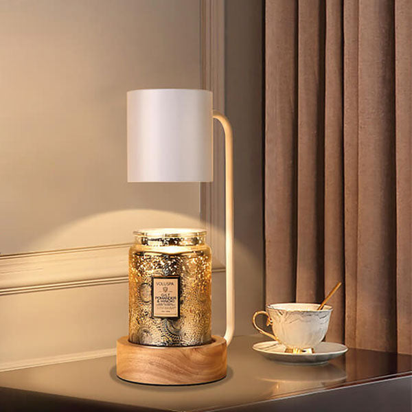 Melting wax table lamp with wooden base, detail view