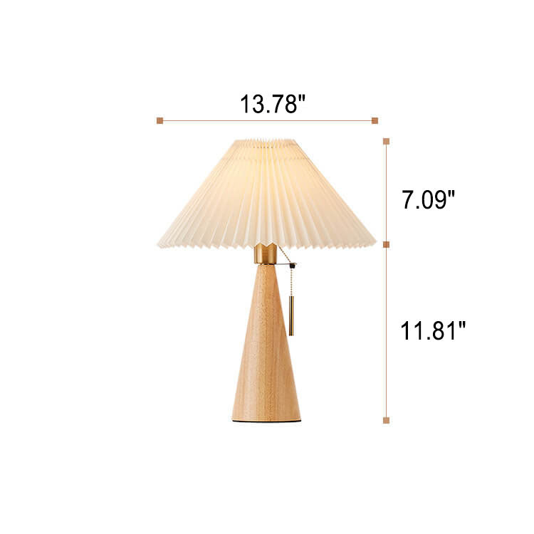 Japandi pleated table lamp with wood base, detail view