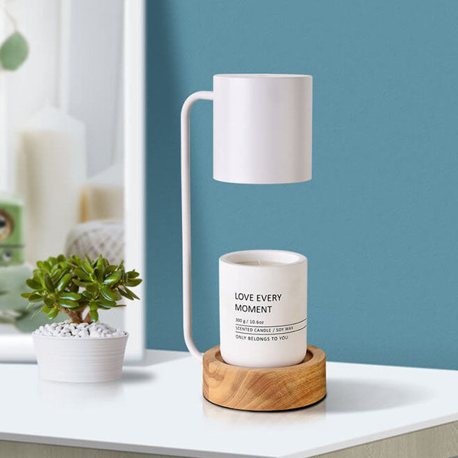 Melting wax table lamp with wooden base, detail view