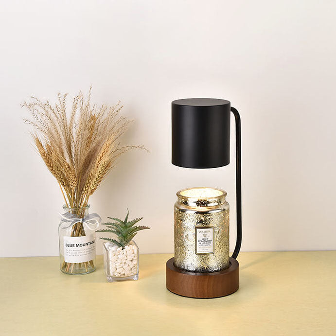 Melting wax table lamp with wooden base, detail view