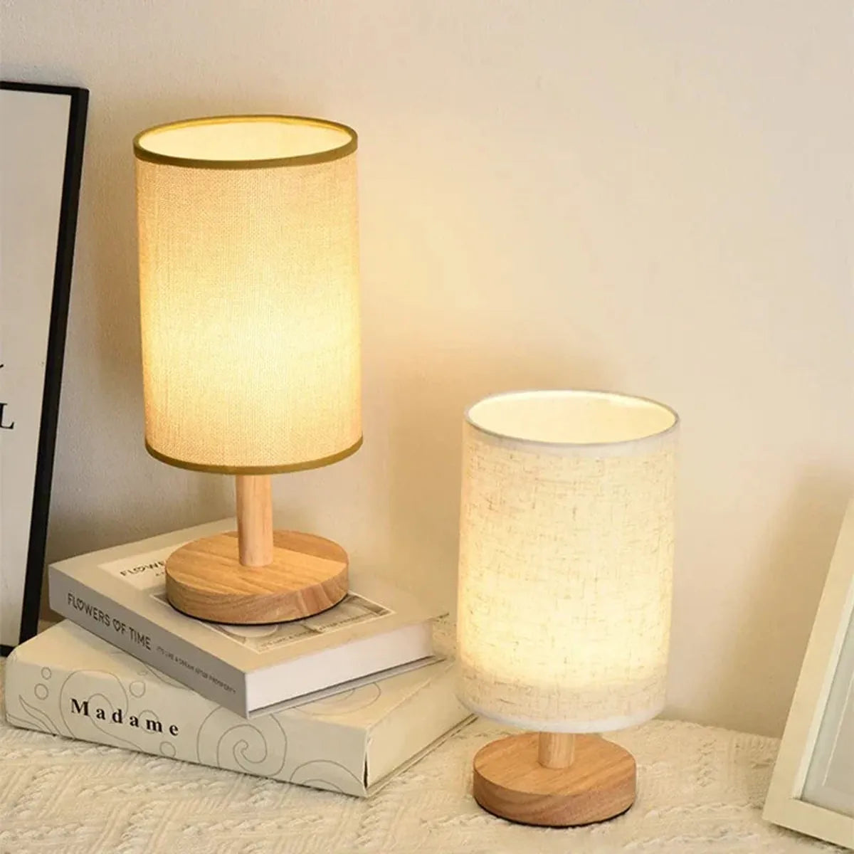 Bamboo base table lamp with fabric shade, detail view