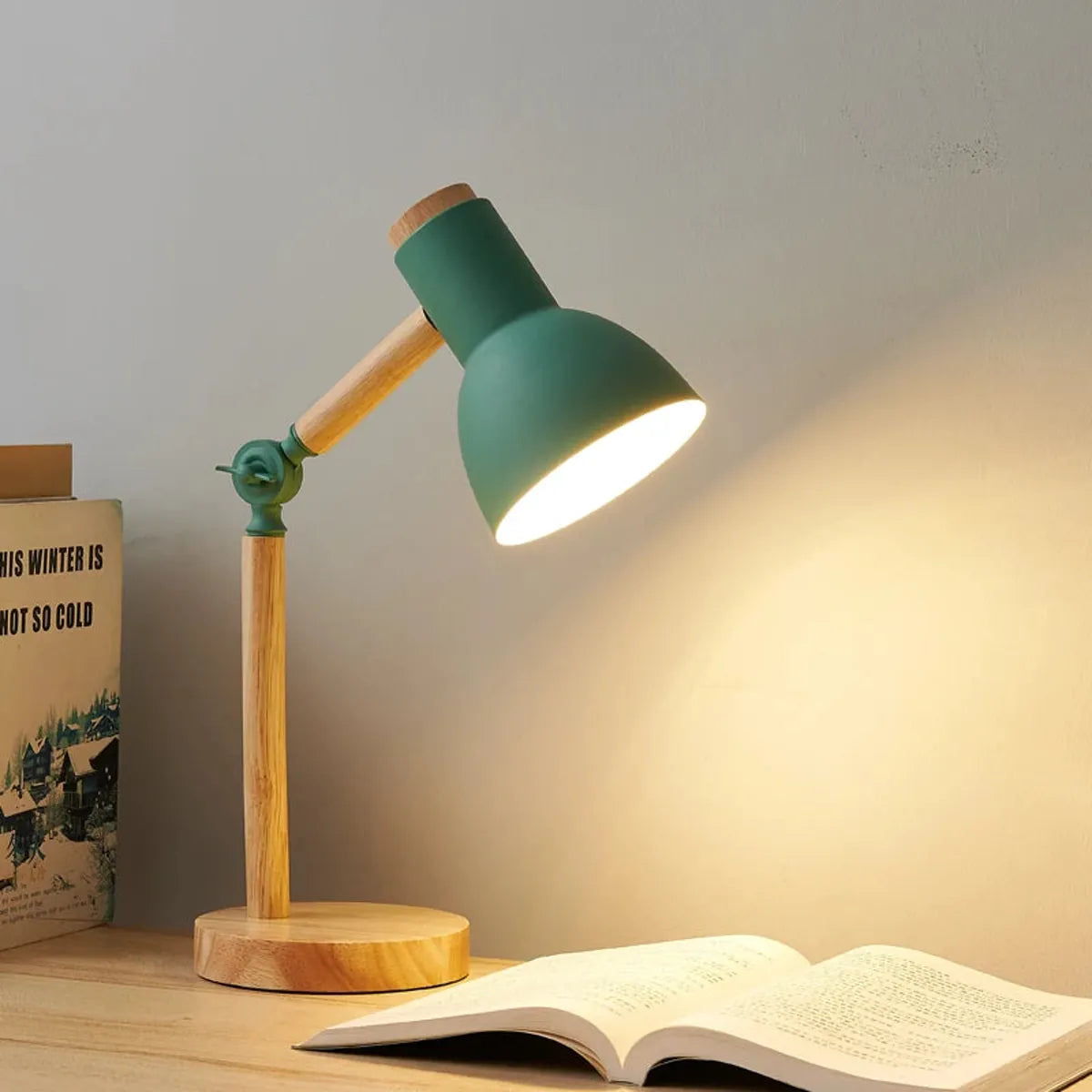 Nordic wood table lamp with tilting iron shade, alternate view