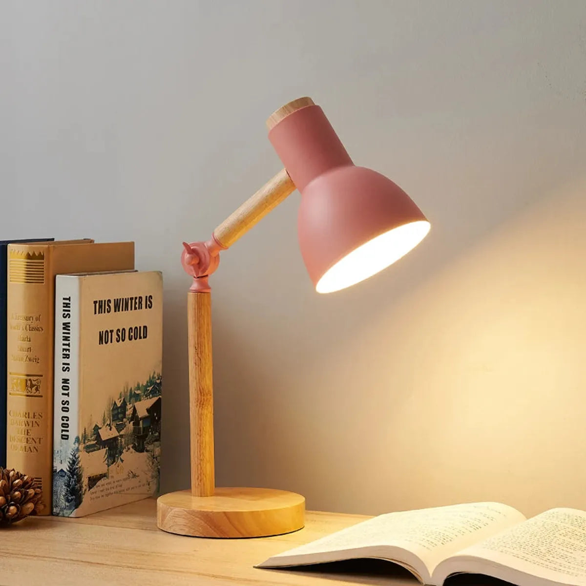 Nordic wood table lamp with rotatable head, detail view