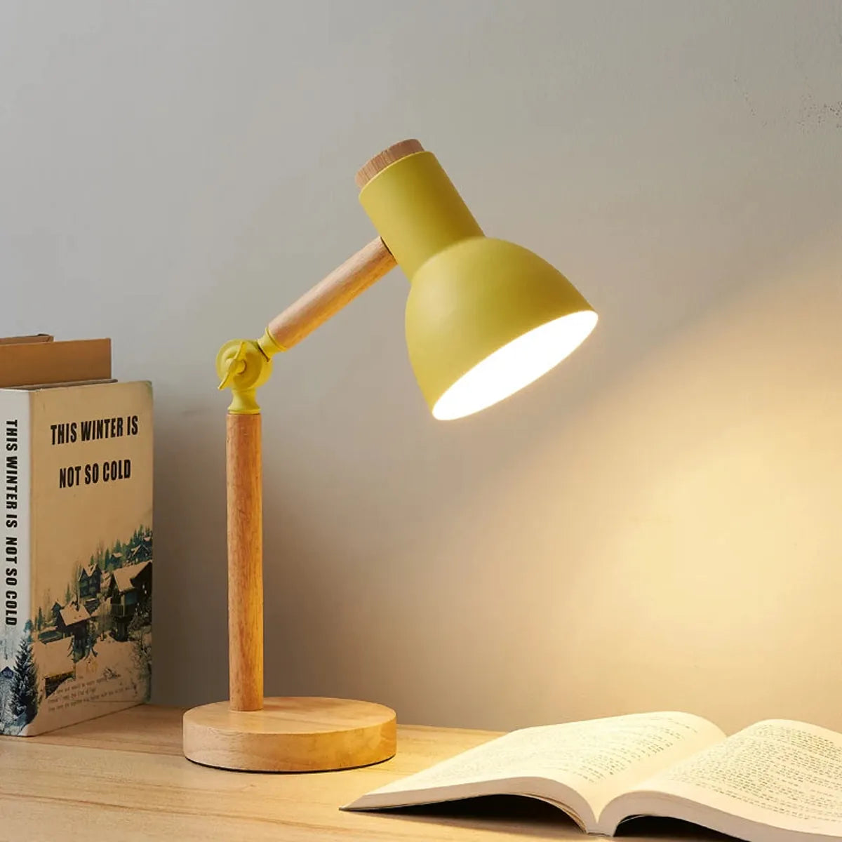 Nordic wood table lamp with rotatable head, detail view