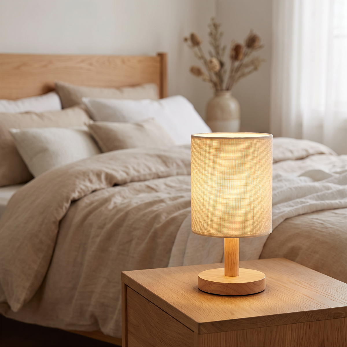 Bamboo base table lamp with fabric shade shown lit on a bedside table