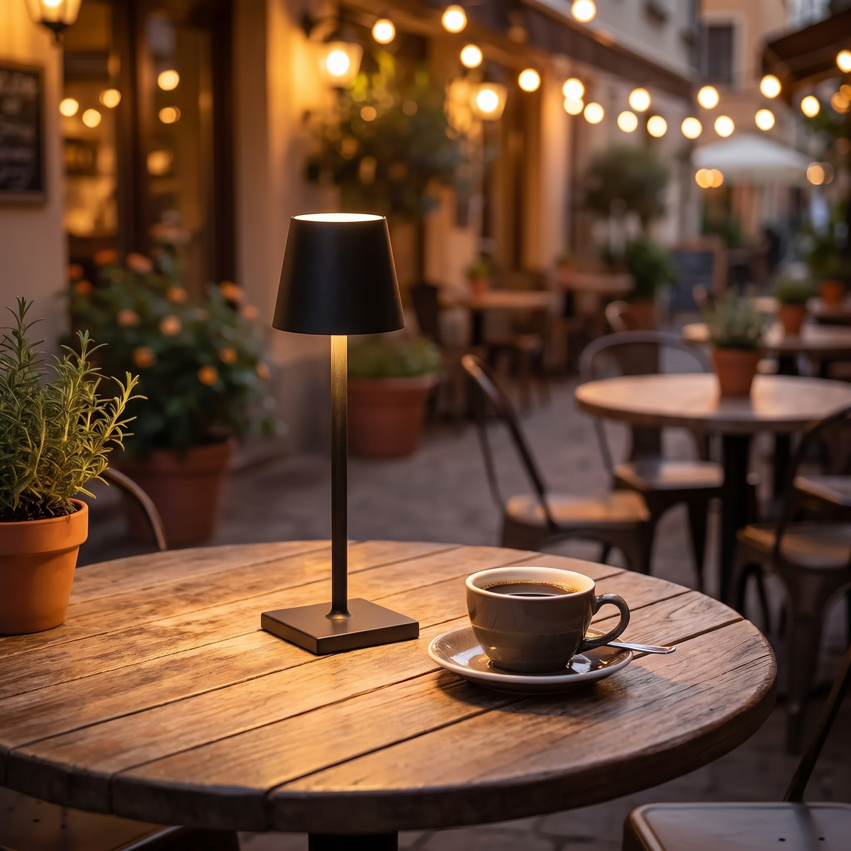 Sculptural cordless rechargeable table lamp shown lit on a table