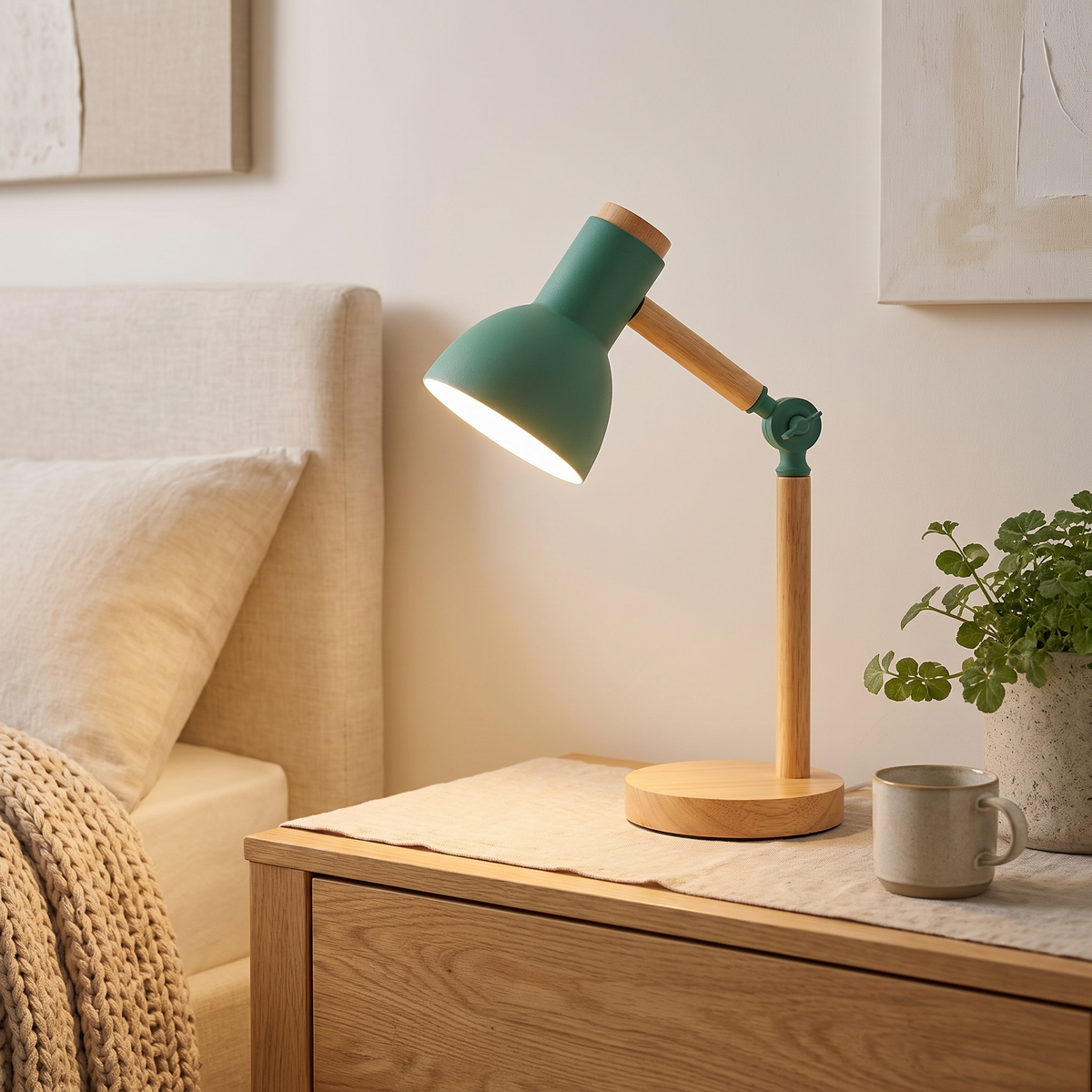 Nordic wood table lamp with rotatable head shown lit on a desk