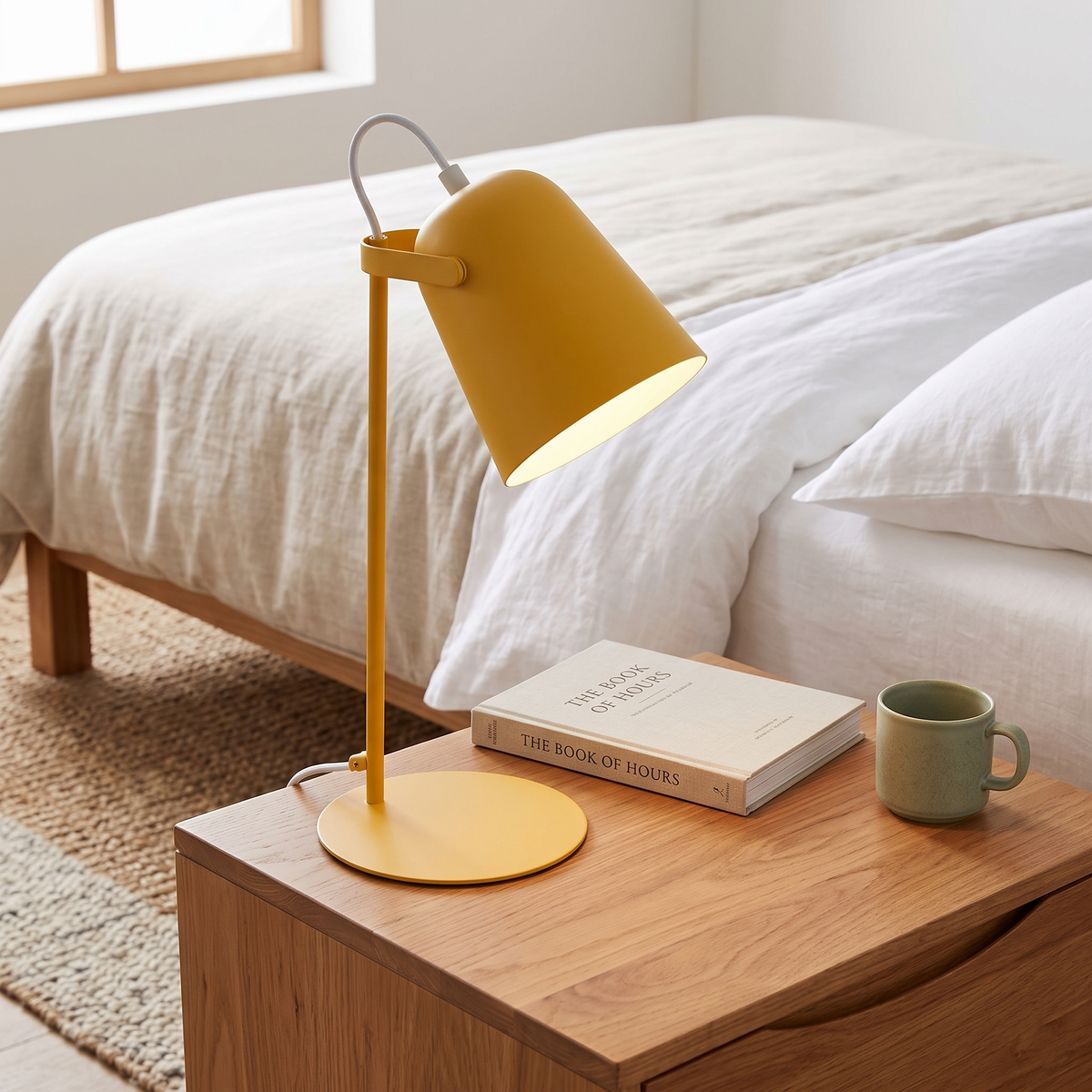 Macaron iron bucket table lamp shown lit on a bedside table