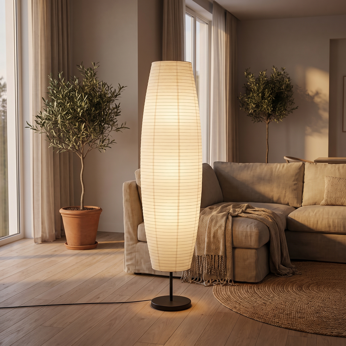 Rice paper column floor lamp shown lit in a living room