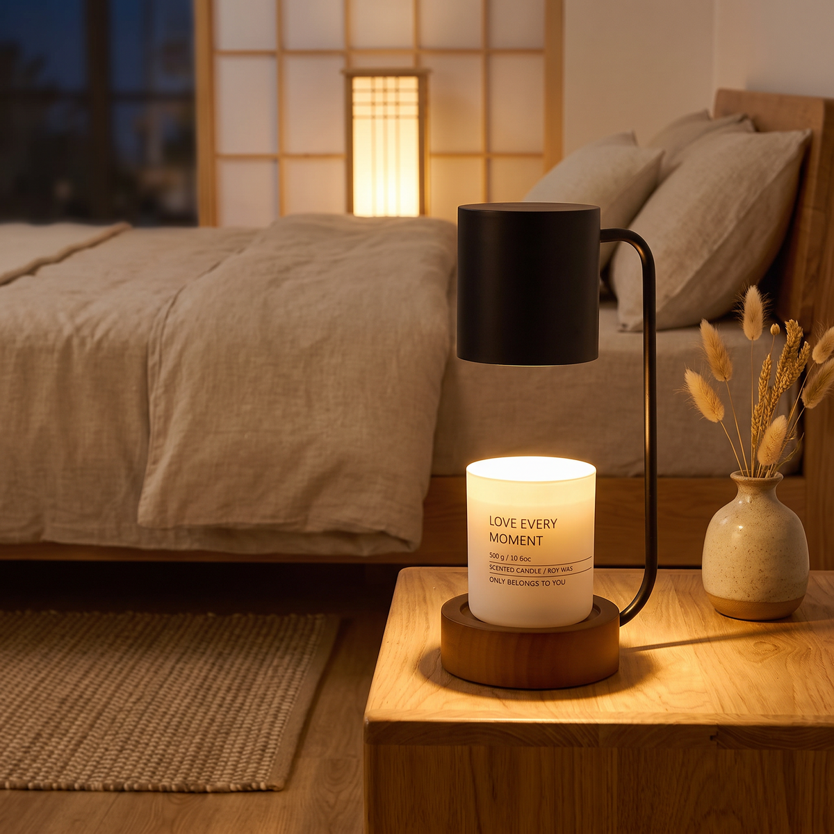 Melting wax table lamp with wooden base shown lit on a bedside table
