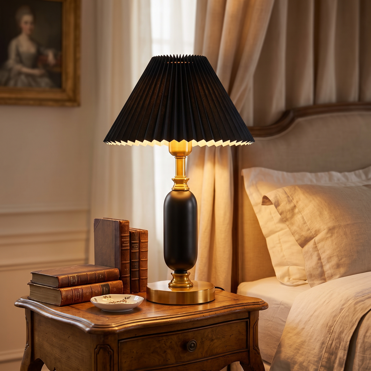 French pleated shade table lamp shown lit on a bedside table