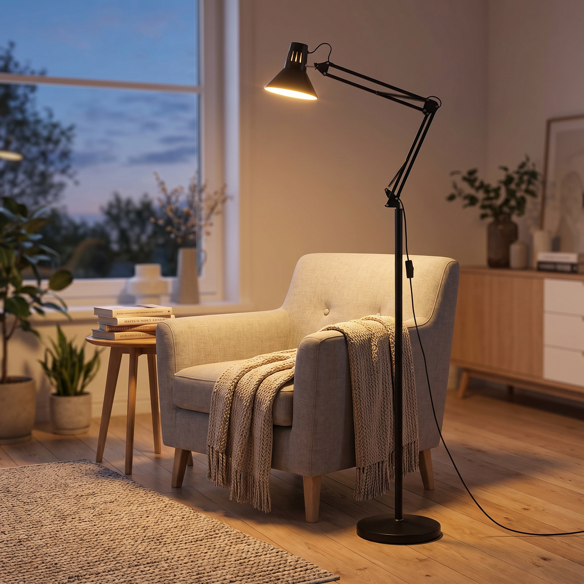 Scandinavian swivel arm floor lamp shown lit beside a bed