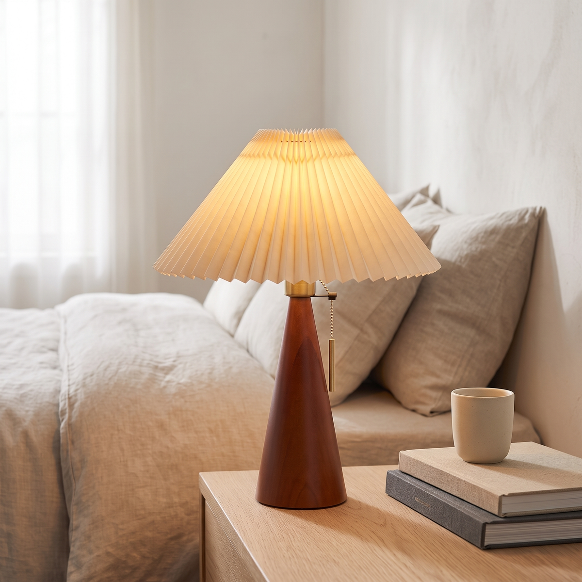 Japandi pleated table lamp lit on a pale oak bedside table beside oatmeal linen bedding