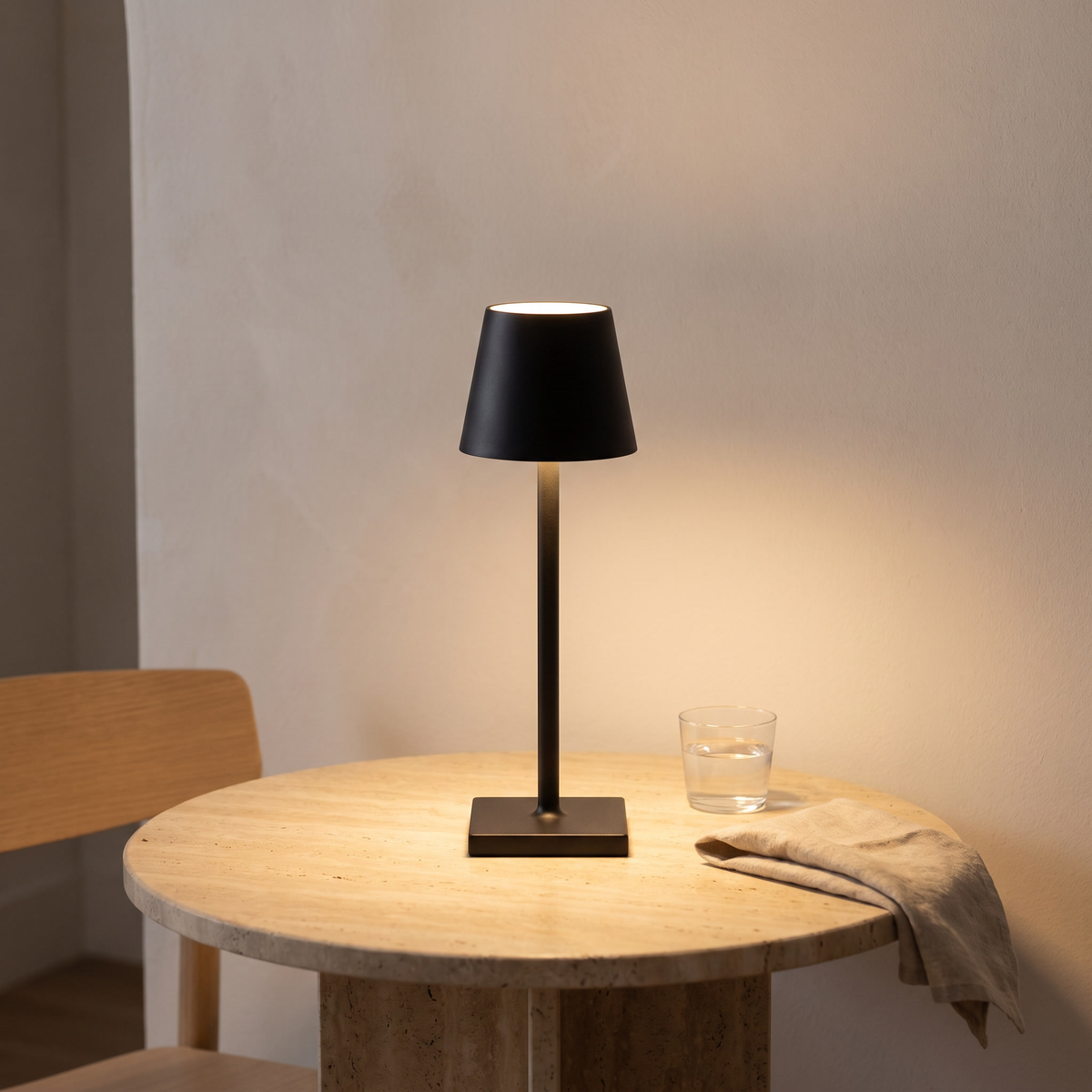 Sculptural cordless table lamp lit on a travertine bistro table at dusk