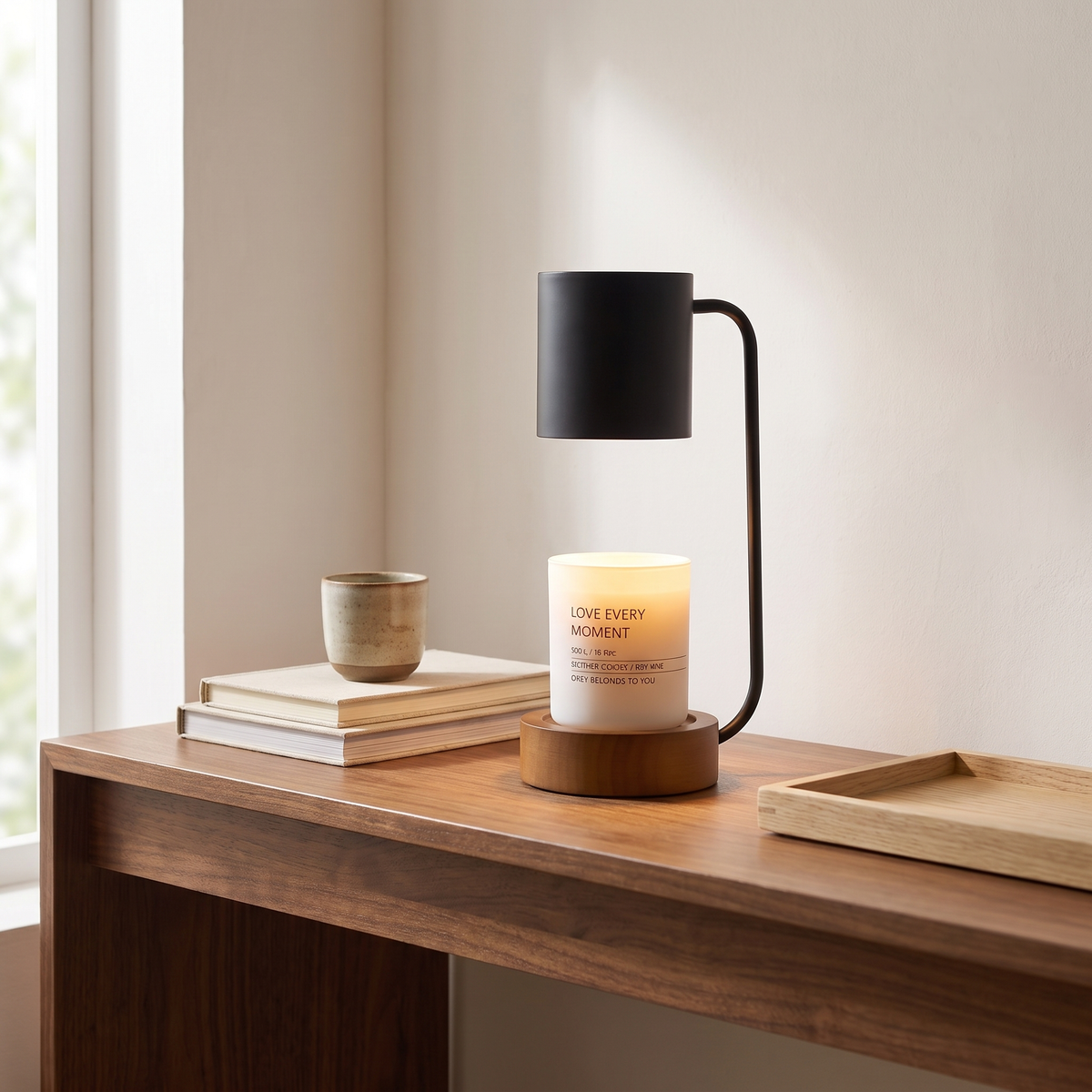 Melting wax table lamp lit on a walnut console with books and a stoneware cup