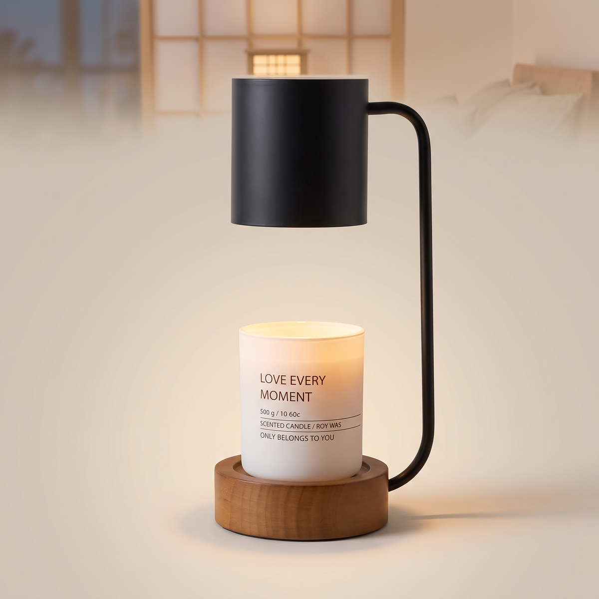 Wooden melting wax table lamp, lit, on a warm neutral background
