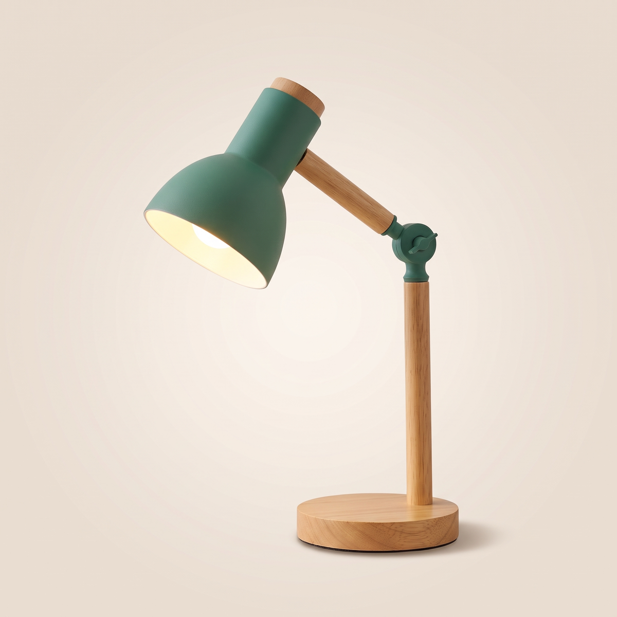 Wooden table lamp with rotatable head, lit, on a warm neutral background