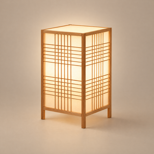 Shoji table lantern lamp with light wood frame and white lattice panels, lit, on a warm neutral background