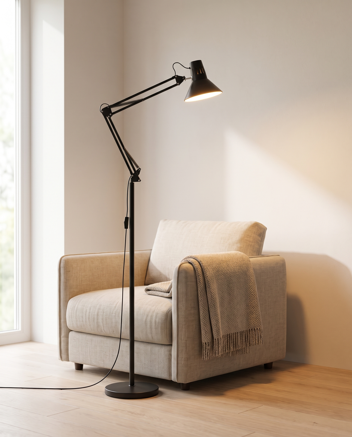Scandinavian swivel arm floor lamp angled over a linen reading armchair