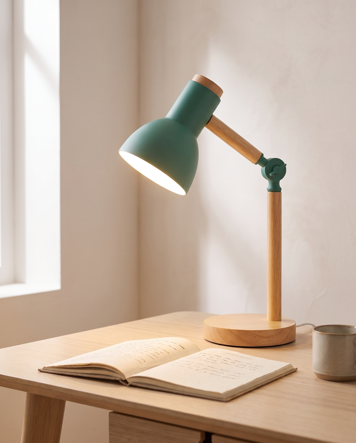 Nordic wood table lamp with rotatable head tipped over an open book on a desk