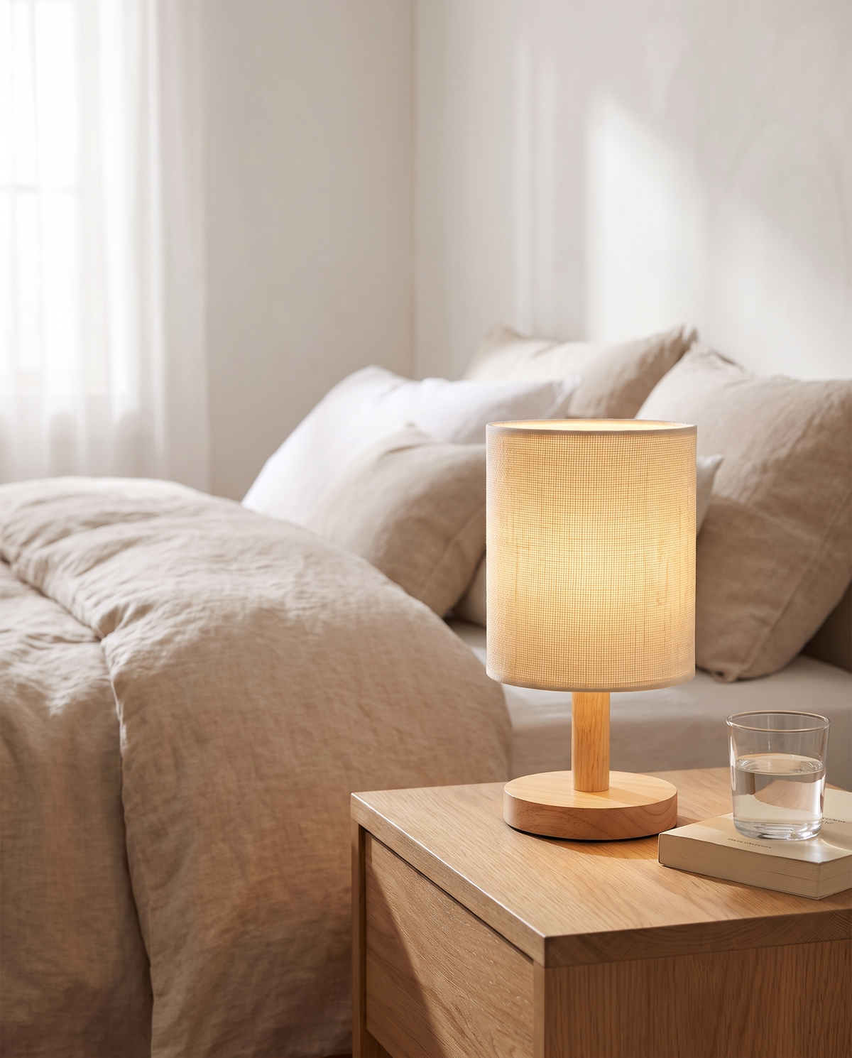 Bamboo base table lamp with linen shade lit on a bedside table