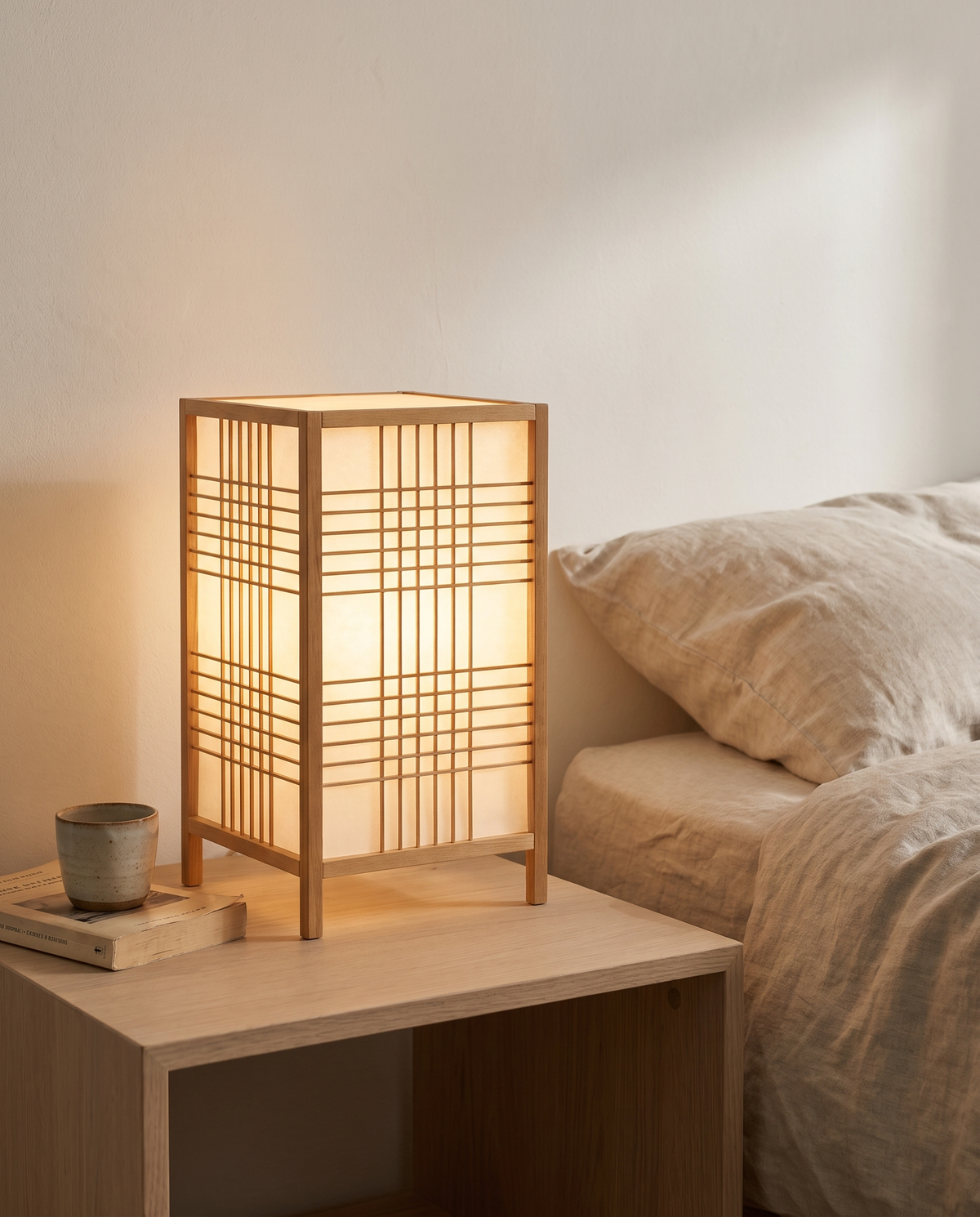 Shoji bamboo table lantern glowing on a nightstand in the evening