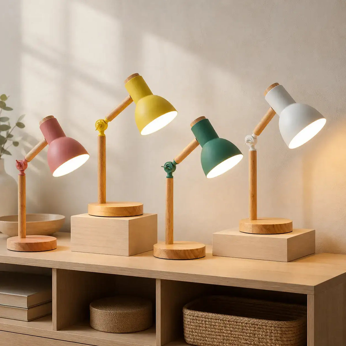 Nordic wood table lamp with rotatable head, detail view
