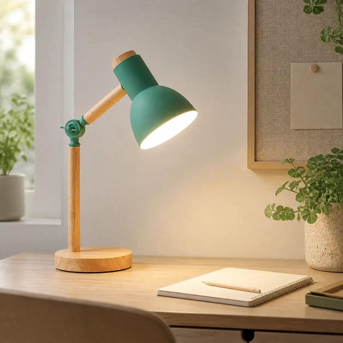 Nordic wood table lamp with rotatable head, detail view