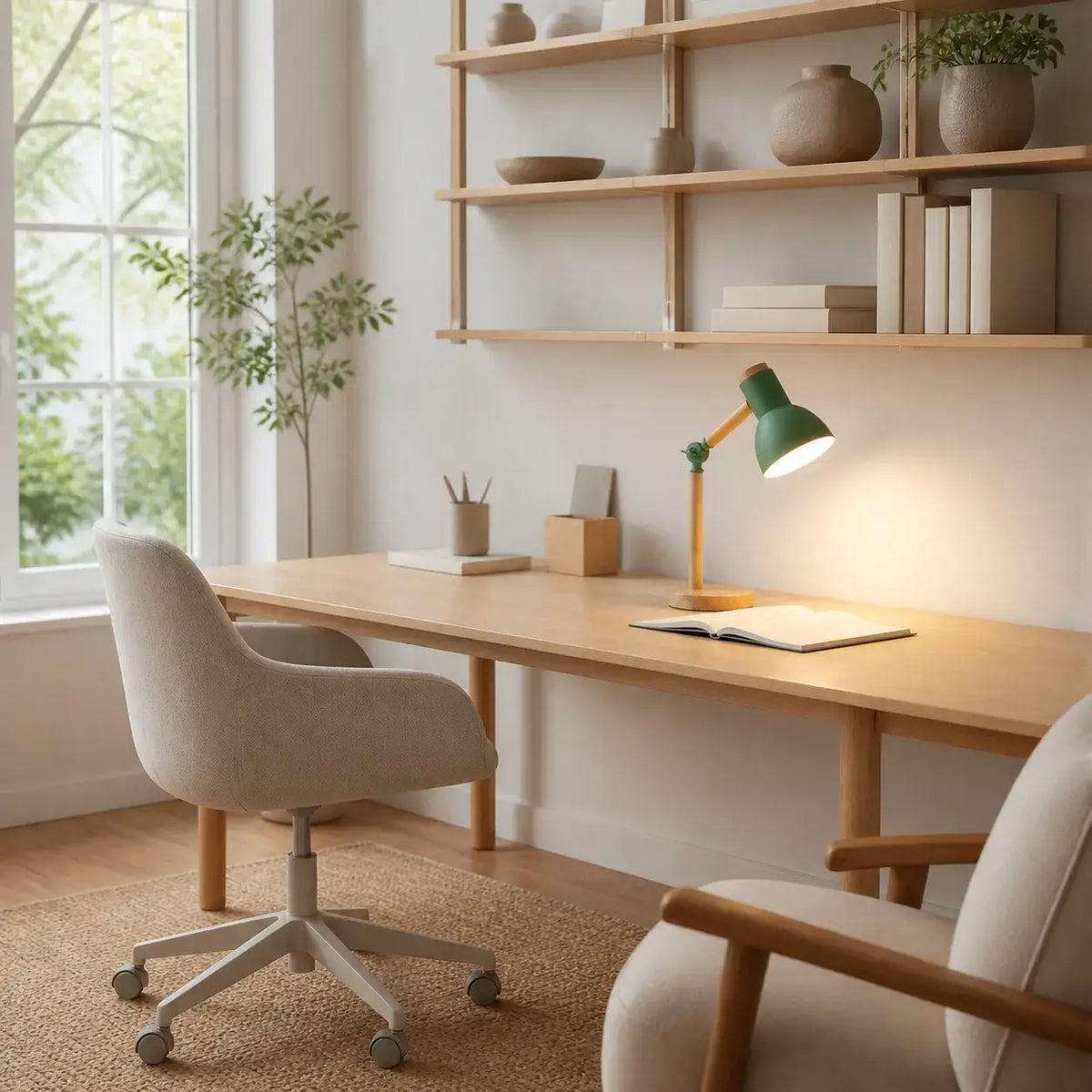 Nordic wood table lamp with rotatable head, detail view