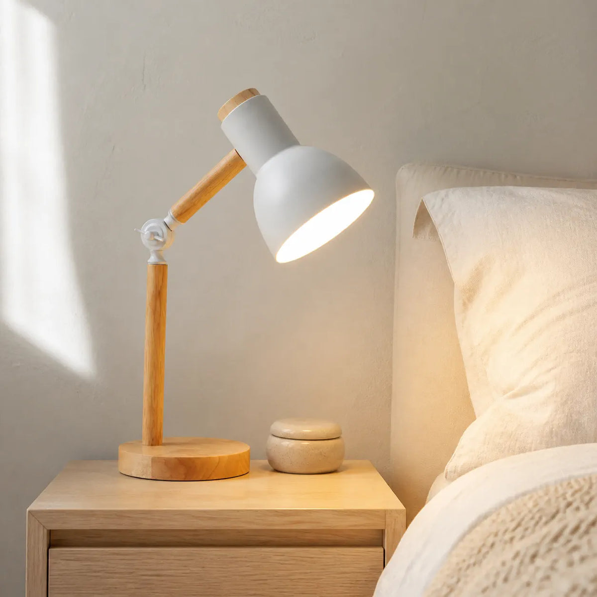Nordic wood table lamp with rotatable head, detail view