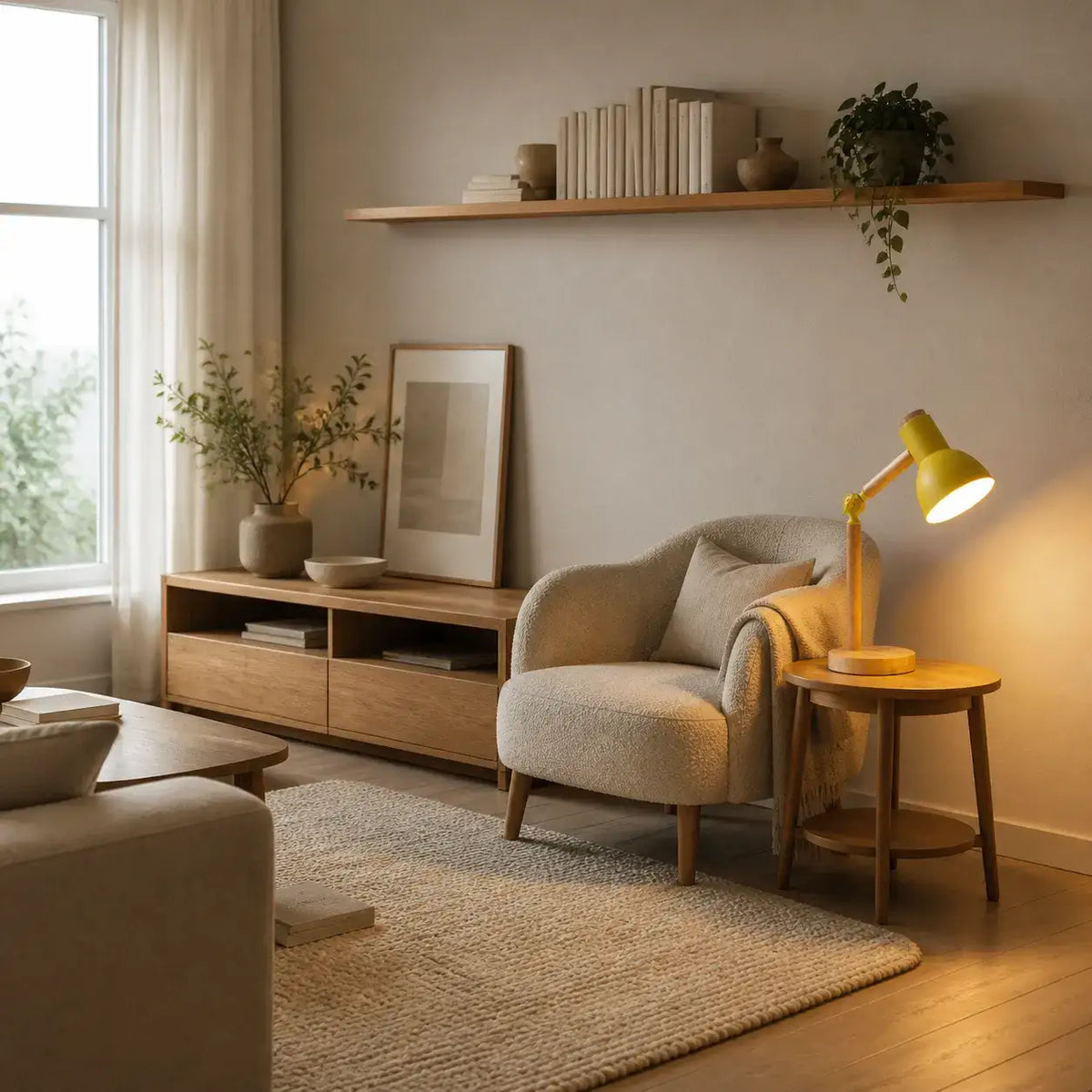Nordic wood table lamp with rotatable head, detail view