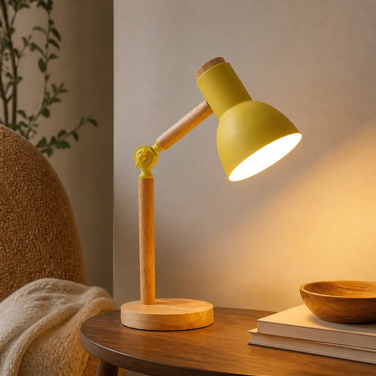 Nordic wood table lamp with rotatable head, detail view
