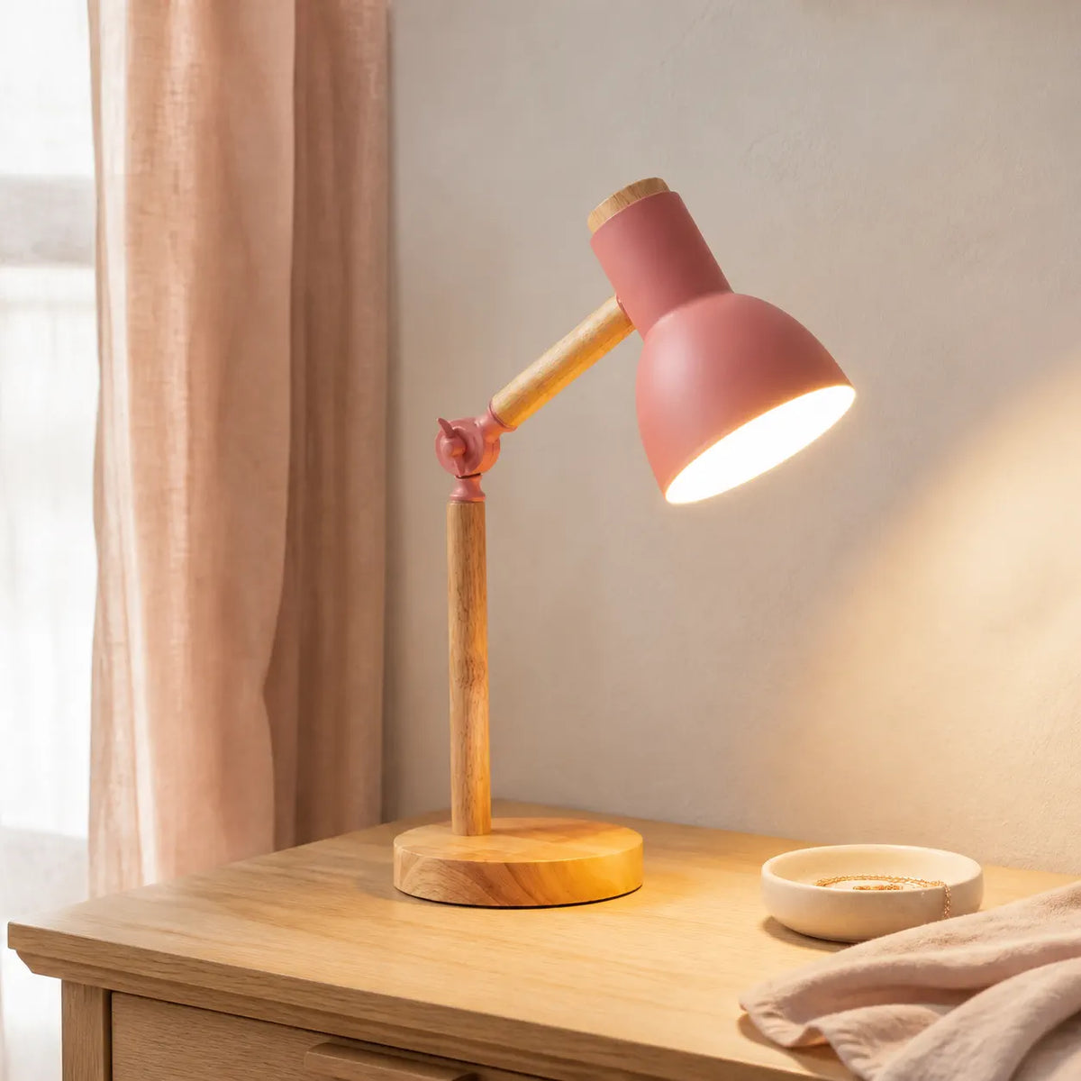 Nordic wood table lamp with rotatable head, detail view