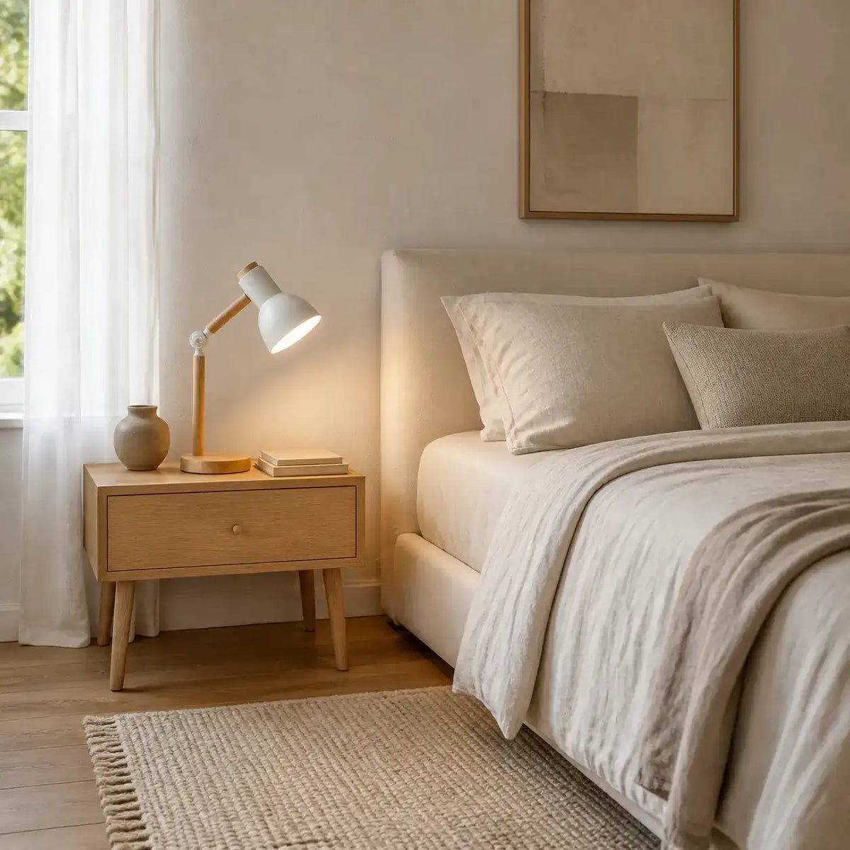 Nordic wood table lamp with rotatable head, detail view